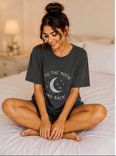 Women’s Charcoal Grey “To the Moon and Back” Printed Oversized Sleep T-Shirt